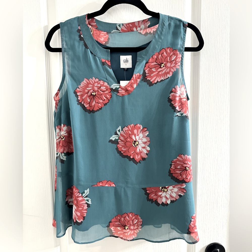 CAbi Teal Floral Sleeveless Blouse with Pink Blooms